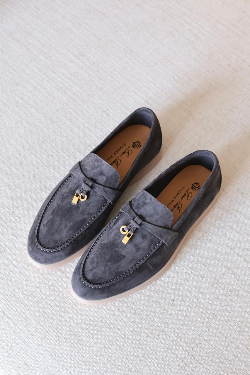 Loro Piana Summer Walk Suede Loafers with LP Charm (Charcoal Grey)