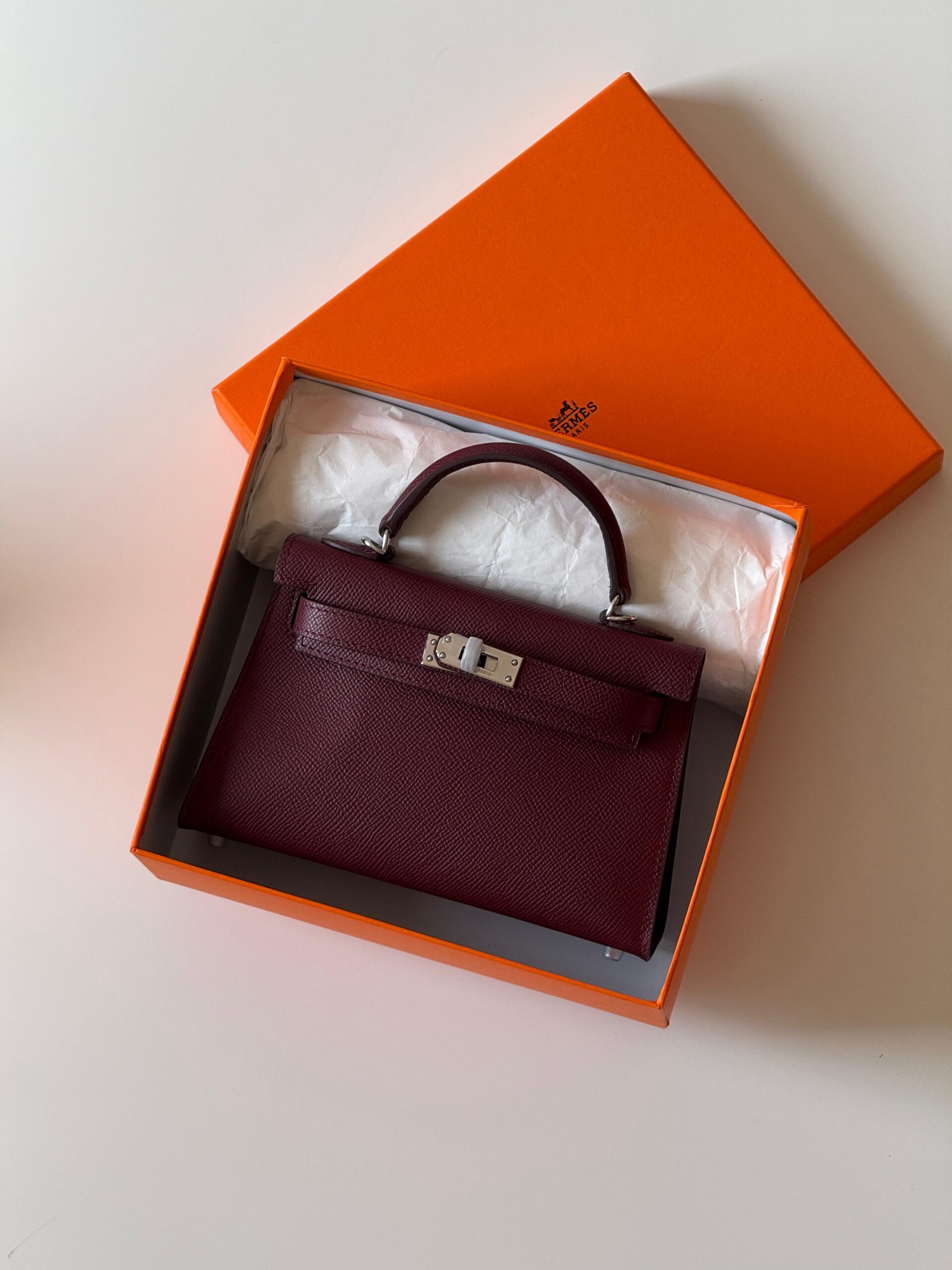 Hermès Kelly Mini II (Kelly 20) in Epsom Leather – Bordeaux with Palladium Hardware
