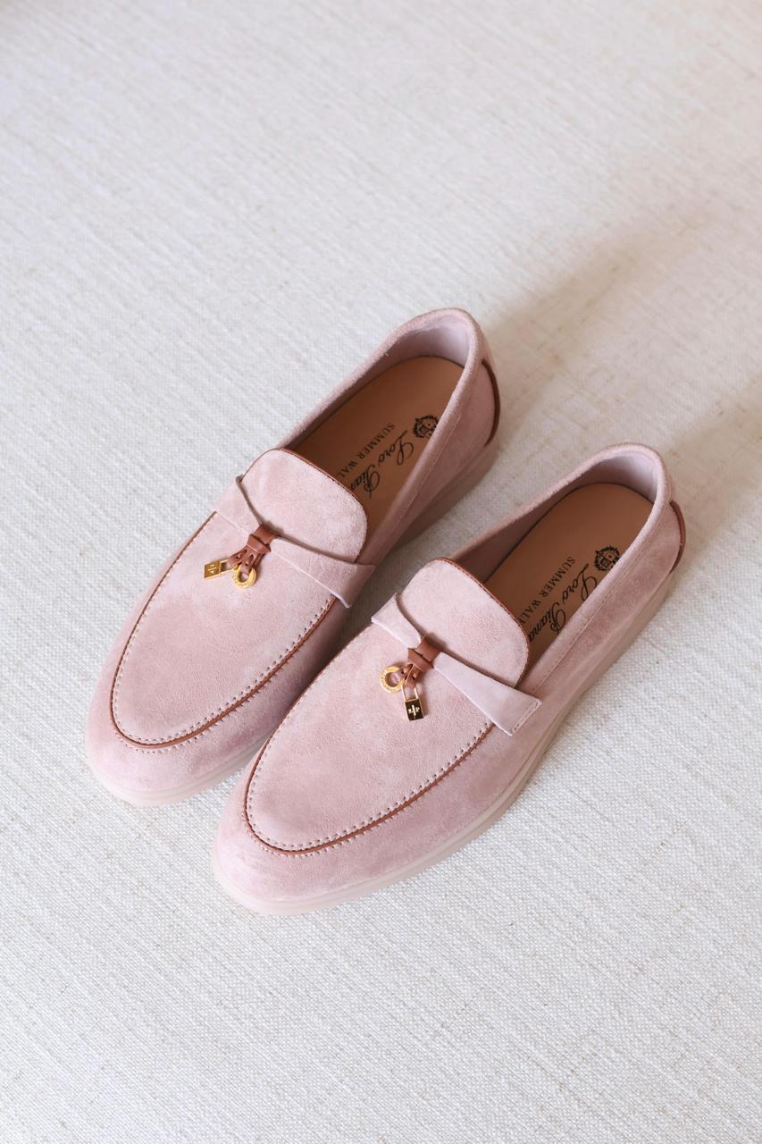 Loro Piana Summer Walk Suede Loafers with LP Charm (Blush Pink)